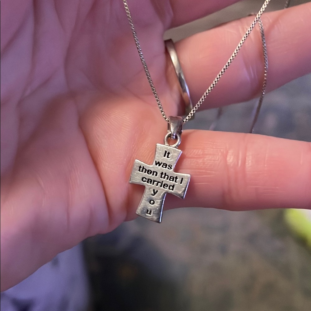 Silver cross footprints necklace